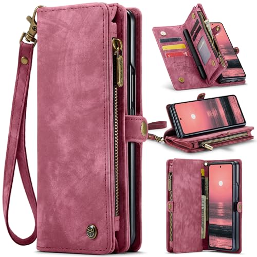 ANROD Leder Flip Wallet Hülle für Samsung Galaxy Z Fold 6 -Abnehmbarer Magnetverschluss, 2-in-1 Schockresistente Stoßfestes Reißverschlusstasche Handyhülle mit Kartenfächern Case (Rot) von ANROD
