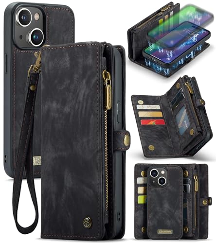ANROD Leder Flip Wallet Hülle für iPhone 15 -Abnehmbarer Magnetverschluss, 2-in-1 Schockresistente Stoßfestes Reißverschlusstasche Handyhülle mit Kartenfächern Case (Schwarz) von ANROD