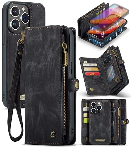 ANROD Leder Flip Wallet Hülle für iPhone 15 Pro Max -Abnehmbarer Magnetverschluss, 2-in-1 Schockresistente Stoßfestes Reißverschlusstasche Handyhülle mit Kartenfächern Case (Schwarz) von ANROD