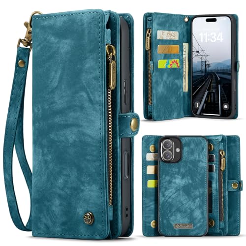 ANROD Leder Flip Wallet Hülle für iPhone 16 -Abnehmbarer Magnetverschluss, 2-in-1 Schockresistente Stoßfestes Reißverschlusstasche Handyhülle mit Kartenfächern Case (Blau) von ANROD