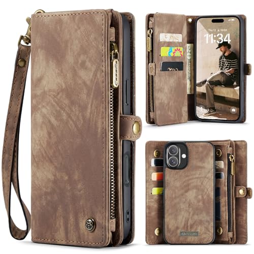 ANROD Leder Flip Wallet Hülle für iPhone 16 -Abnehmbarer Magnetverschluss, 2-in-1 Schockresistente Stoßfestes Reißverschlusstasche Handyhülle mit Kartenfächern Case (Brown) von ANROD