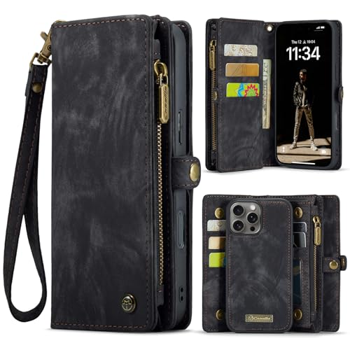 ANROD Leder Flip Wallet Hülle für iPhone 16 Pro -Abnehmbarer Magnetverschluss, 2-in-1 Schockresistente Stoßfestes Reißverschlusstasche Handyhülle mit Kartenfächern Case (Schwarz) von ANROD