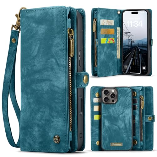 ANROD Leder Flip Wallet Hülle für iPhone 16 Pro Max -Abnehmbarer Magnetverschluss, 2-in-1 Schockresistente Stoßfestes Reißverschlusstasche Handyhülle mit Kartenfächern Case (Blau) von ANROD