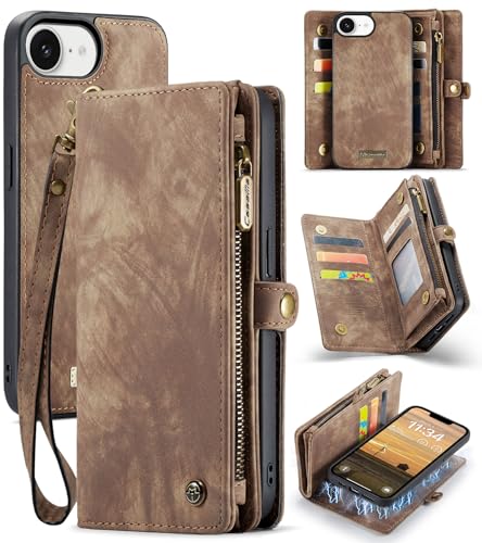 ANROD Leder Flip Wallet Hülle für iPhone 16e (2025) -Abnehmbarer Magnetverschluss, 2-in-1 Schockresistente Stoßfestes Reißverschlusstasche Handyhülle mit Kartenfächern Case (Brown) von ANROD