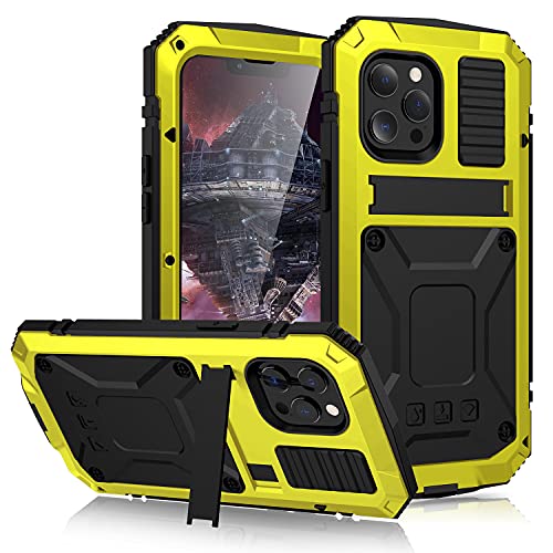 für iPhone 13 Mini Hülle,wasserdichte Stoßfeste Hartschale Aluminium Metall Gorilla Glas Military Heavy Duty Robuste Schutzhülle für iPhone 13 Mini,mit Ständer (13 Mini, Gelb) von ANROD