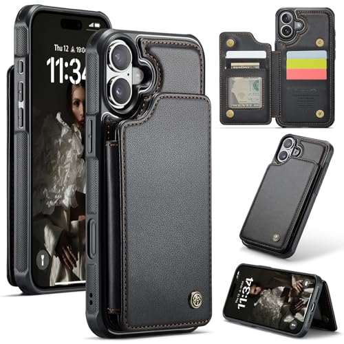 ANROD für iPhone 16 Plus Schlank Brieftasche Portemonnaie Hülle, mit Ständer/Kartenfächern RFID-Blockierender Leder-Magnetverschluss Stoßfeste Hülle für iPhone 16 Plus (Schwarz) von ANROD
