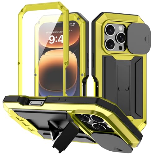 ANROD für iPhone 16 Pro Max Stoßfeste Hülle, Hartschale Aluminium Metall Gorilla Glas Military Heavy Duty Robuste Schutzhülle für iPhone 16 Pro Max, mit Objektivschutzkappe (Gelb) von ANROD