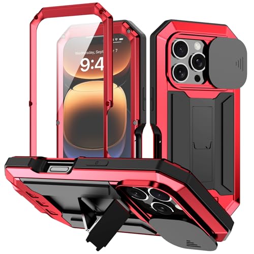 ANROD für iPhone 16 Pro Max Stoßfeste Hülle, Hartschale Aluminium Metall Gorilla Glas Military Heavy Duty Robuste Schutzhülle für iPhone 16 Pro Max, mit Objektivschutzkappe (Rot) von ANROD