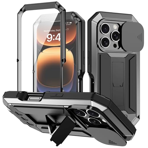 ANROD für iPhone 16 Pro Max Stoßfeste Hülle, Hartschale Aluminium Metall Gorilla Glas Military Heavy Duty Robuste Schutzhülle für iPhone 16 Pro Max, mit Objektivschutzkappe (Schwarz) von ANROD