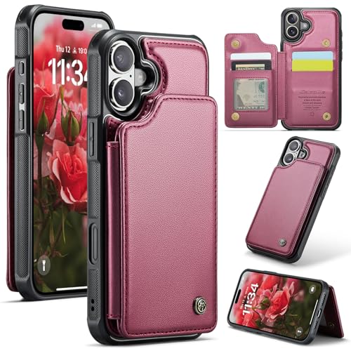 ANROD für iPhone 16 Schlank Brieftasche Portemonnaie Hülle, mit Ständer/Kartenfächern RFID-Blockierender Leder-Magnetverschluss Stoßfeste Hülle für iPhone 16 (Rot) von ANROD