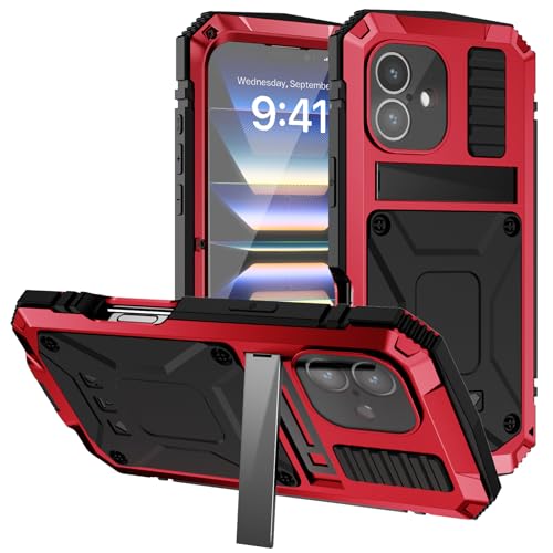 ANROD für iPhone 16 Stoßfeste Hülle, Life wasserdichte Hartschale Aluminium Metall Gorilla Glas Military Heavy Duty Robuste Schutzhülle für iPhone 16, mit Ständer (Rot) von ANROD