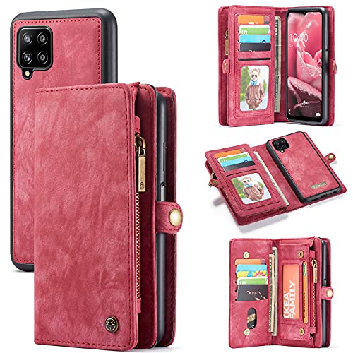 CaseMe Brieftasche Hülle für Samsung Galaxy A12,Stoßfestes Geldbörsenetui,Abnehmbares Portemonnaie Mit Reißverschluss,Kartensteckplatz Und Originellem Magneten (Rot) von ANROD