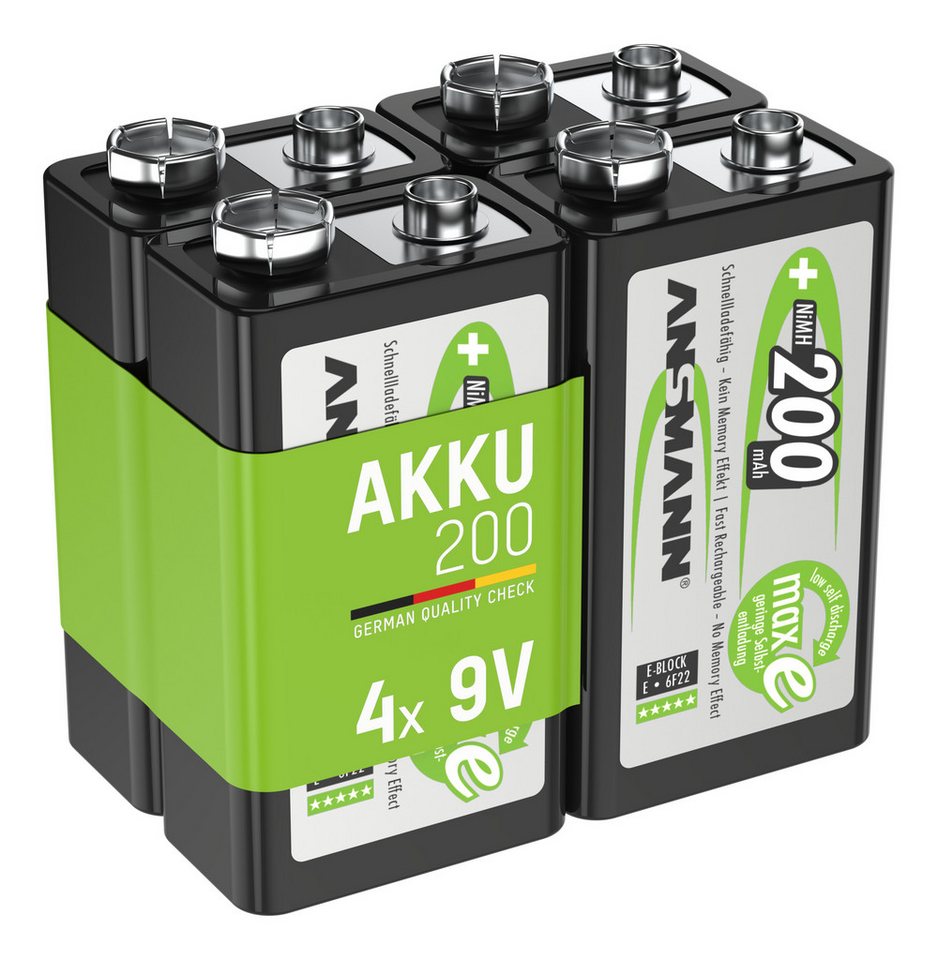 ANSMANN AG Akku 9V 200mAh E-Block NiMH 1,2V – 1000x wiederaufladbar (4 Stück) Akku von ANSMANN AG