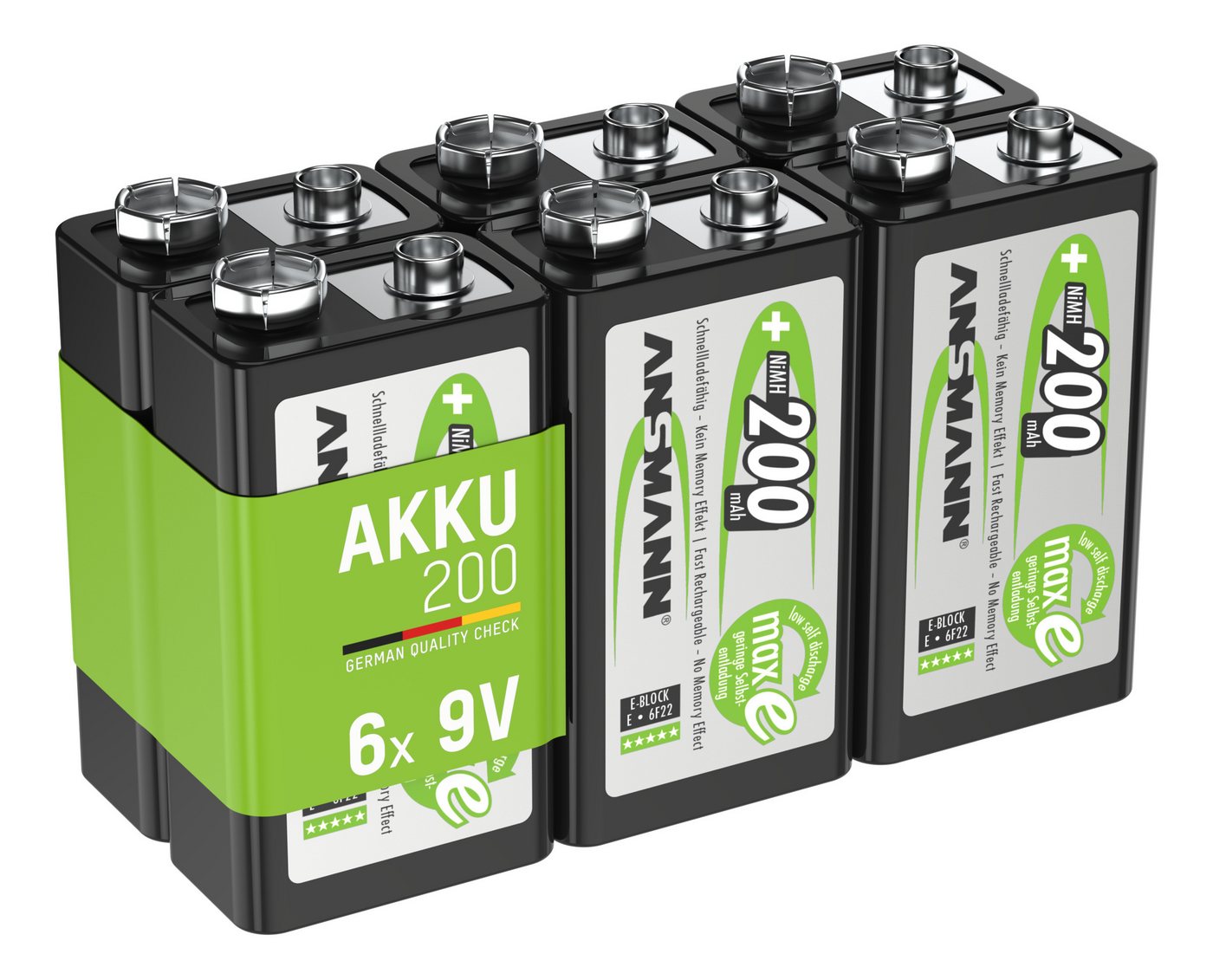 ANSMANN AG Akku 9V 200mAh E-Block NiMH 1,2V – 1000x wiederaufladbar (6 Stück) Akku von ANSMANN AG