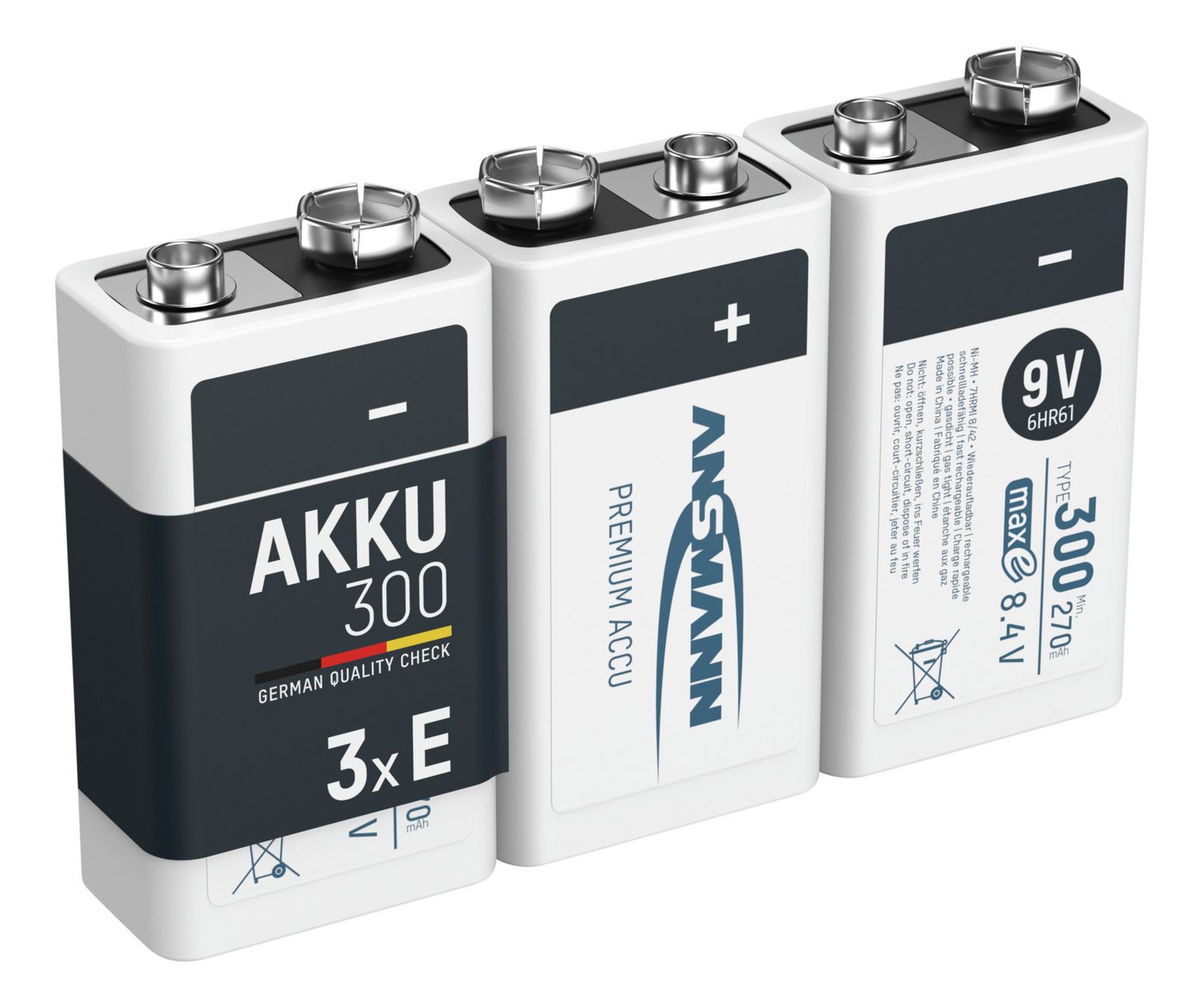 ANSMANN AG Akku 9V 300mAh E-Block NiMH 1,2V – 1000x wiederaufladbar (3 Stück) Akku 300 mAh (9 V) von ANSMANN AG