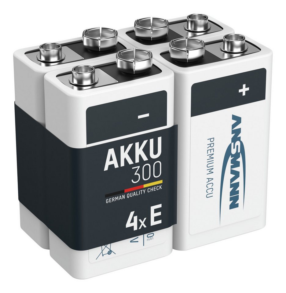 ANSMANN AG Akku 9V 300mAh E-Block NiMH 1,2V – 1000x wiederaufladbar (4 Stück) Akku 300 mAh (8.4 V) von ANSMANN AG