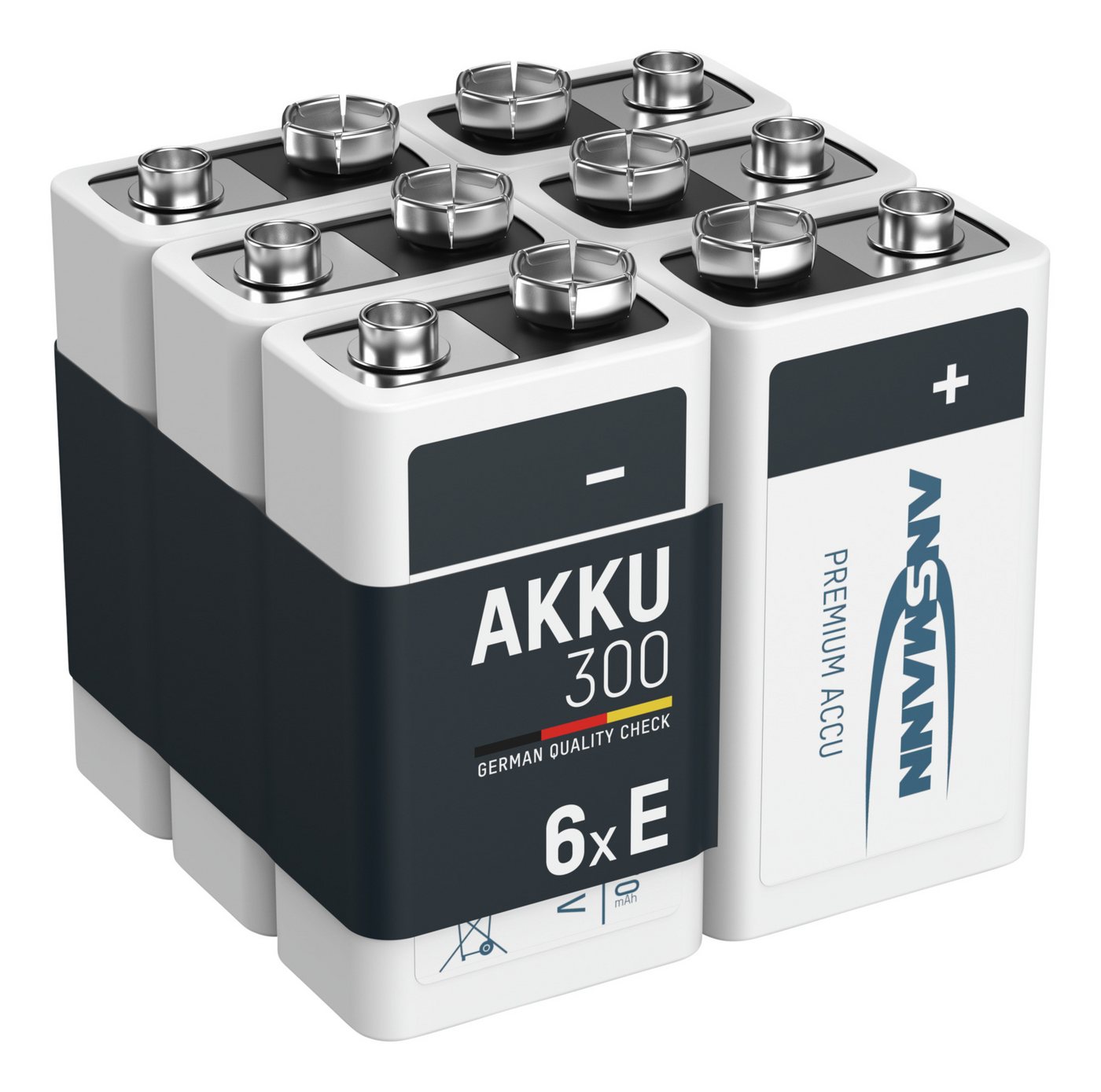 ANSMANN AG Akku 9V 300mAh E-Block NiMH 1,2V – 1000x wiederaufladbar (6 Stück) Akku 300 mAh (8.4 V) von ANSMANN AG