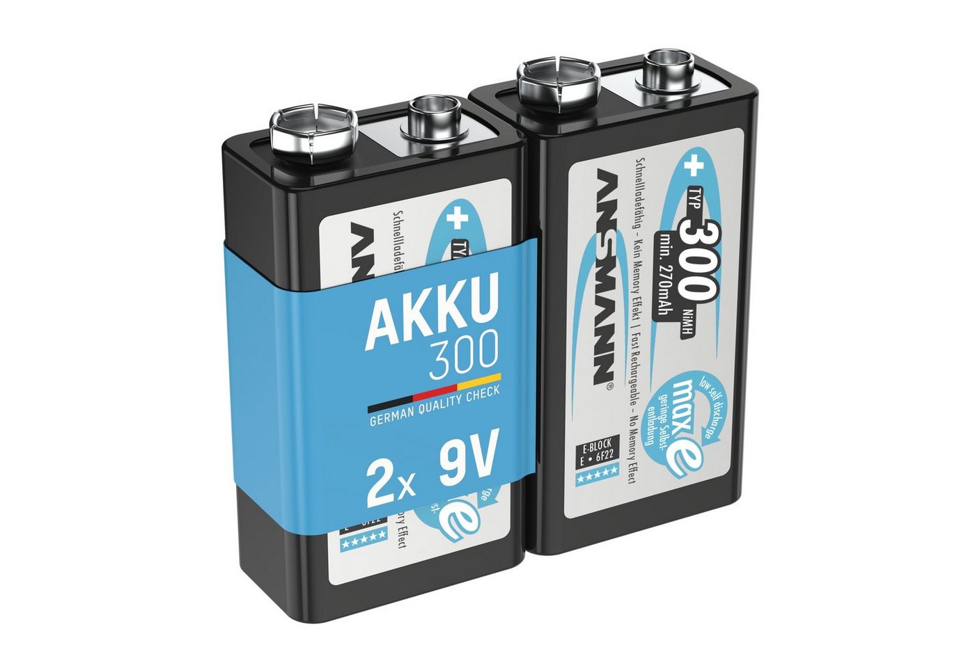 ANSMANN AG Akku 9V 300mAh E-Block NiMH – 1000x wiederaufladbar (2 Stück) Akku 300 mAh (8.4 V) von ANSMANN AG