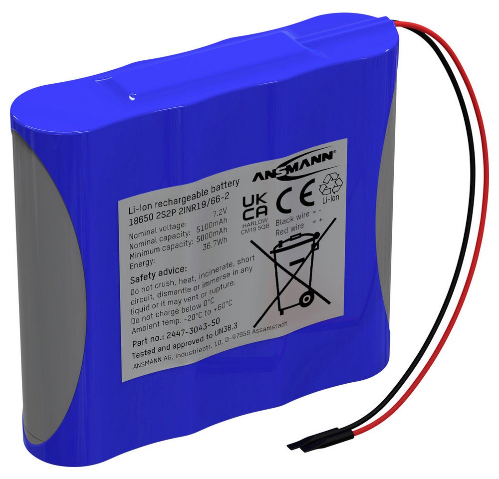 ANSMANN AG Ansmann 2S2P Akkupack 4x 18650 Kabel Li-Ion 7.2 V 5100 mAh Akkupacks 5100 mAh (7.20 V) von ANSMANN AG