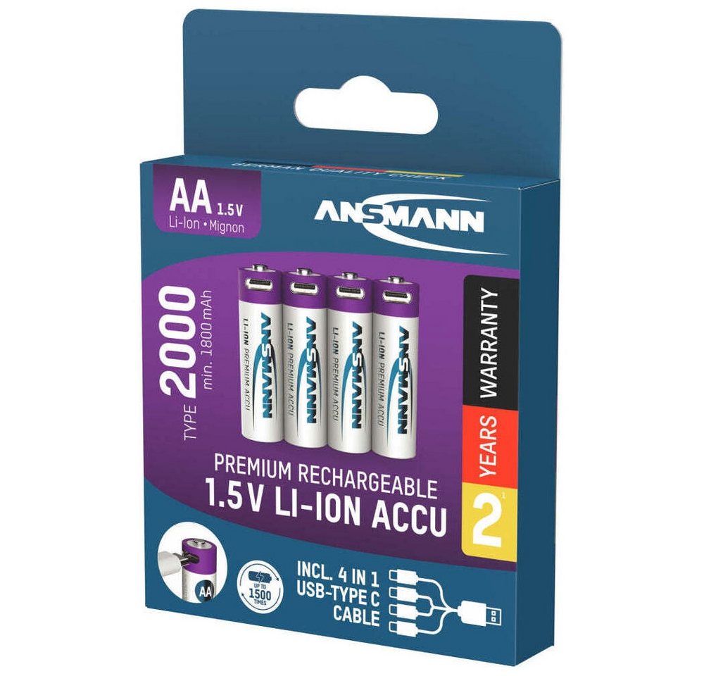 ANSMANN AG Ansmann Li-Ion Akku AA 2000 mAh, 4er-Pack mit USB-C Akku Ansmann Li-Ion Akku Mignon AA Typ 2.000 (1,5 V V), Integrierter USB-C Anschluss von ANSMANN AG