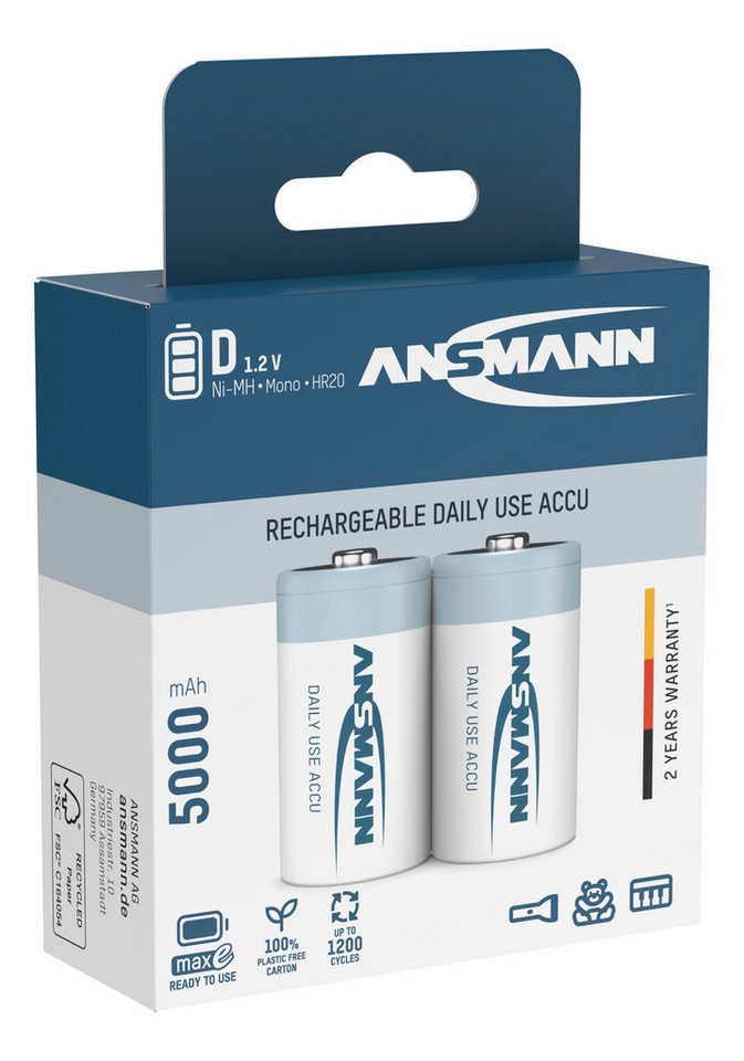 ANSMANN AG Ansmann NiMH-Akku Mono 5000mAh 2er Blister Akku 5000 mAh (1,2 V) von ANSMANN AG