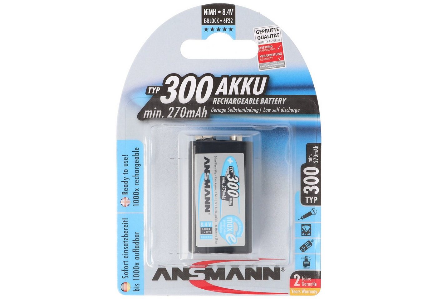 ANSMANN AG NiMH E Typ. 300 min. 270mAh NiMH-Akku 9V-Block E, 6F22, 8.4 Volt Akku 270 mAh (8,4 V) von ANSMANN AG