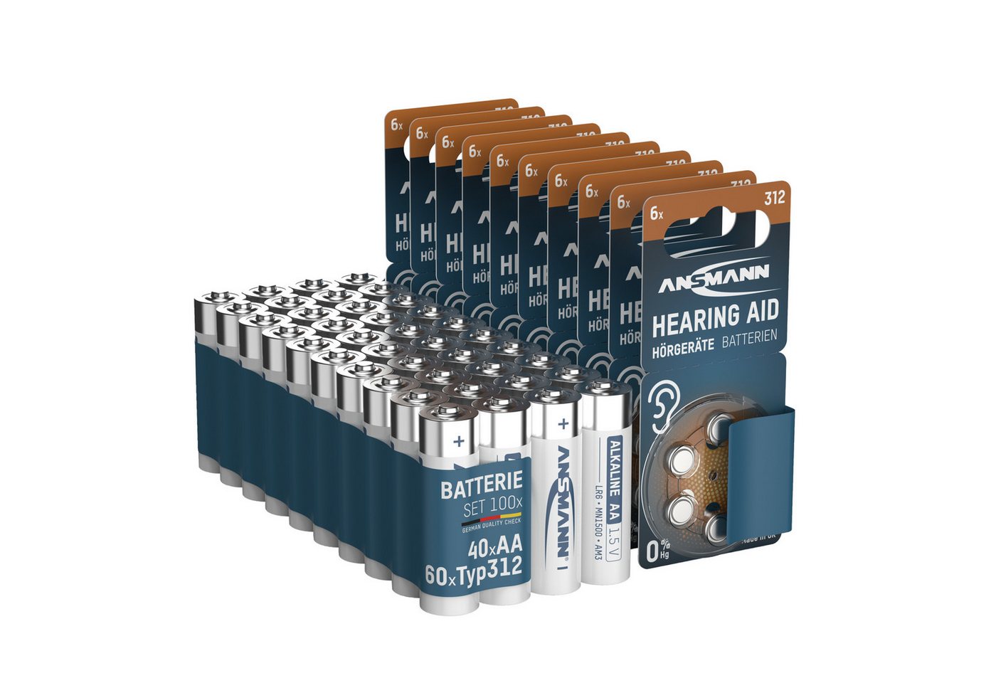 ANSMANN AG Set 40x Alkaline AA,60x Hörgerätezelle 312 Batterie von ANSMANN AG