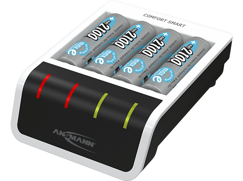 ANSMANN Comfort Smart + 4× AA 2100mAh Ladegerät Universal Ladestrom AAA: 400mA (1-4), AA: 800mA weiß/ schwarz von ANSMANN