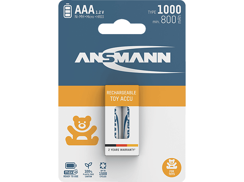 ANSMANN Toy NiMH Micro AAA Typ 1000 (min. 800 mAh) maxE 2er Papierblister Nickel-Metallhydrid Akku von ANSMANN
