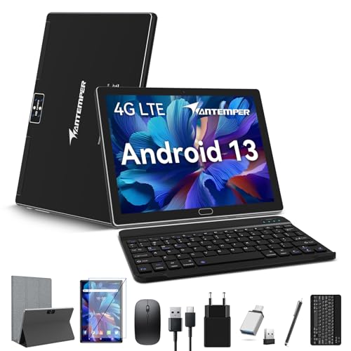2024 Neueste Tablet 10 Zoll 4G LTE( Dual SIM Karten Slot) 2.4G WiFi, Android 13 Tablets, Octa-Core 4GB RAM 64GB ROM (TF 512GB), 13MP Kamera, GMS 2 in 1 Tablet PC mit Tastatur Stift und Hülle, Schwarz von ANTEMPER