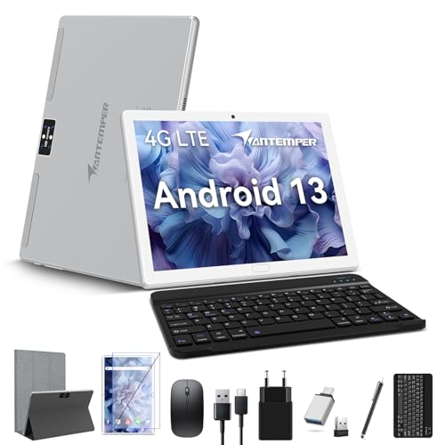 2024 Neueste Tablet 10 Zoll 4G LTE( Dual SIM Karten Slot) 2.4G WiFi, Android 13 Tablets, Octa-Core 4GB RAM 64GB ROM (TF 512GB), 13MP Kamera, GMS 2 in 1 Tablet PC mit Tastatur Stift und Hülle, Silber von ANTEMPER