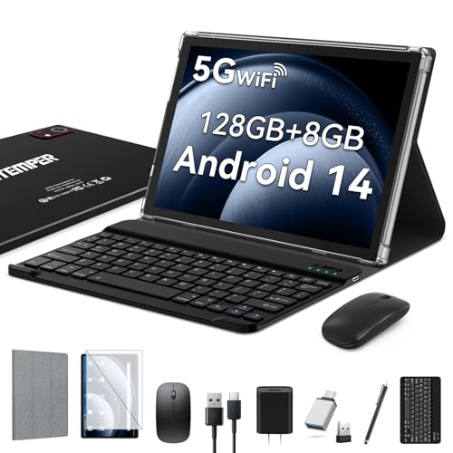 Android 14 Tablet 10 Zoll, 2025 Newest Tablet PC mit 5G WiFi | 8GB RAM+128GB ROM (TF1 TB) | Octa-Core | 1280*800 | GMS丨7000mAh丨13MP+8MP丨BT 5.0 | Face ID丨Tablets mit Tastatur Maus Stift Hülle, Schwarz von ANTEMPER