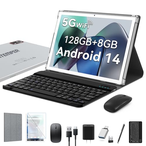 Android 14 Tablet 10 Zoll, 2025 Newest Tablet PC mit 5G WiFi | 8GB RAM+128GB ROM (TF1 TB) | Octa-Core | 1280*800 | GMS丨7000mAh丨13MP+8MP丨BT 5.0 | Face ID丨Tablets mit Tastatur Maus Stift Hülle, Silber von ANTEMPER