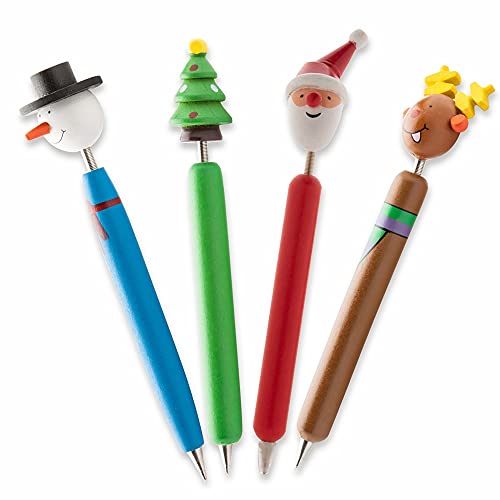 Antevia 4 Stück Kugelschreiber aus Holz für Kinder, Motiv: Weihnachten, Blau, Formen: Schneemann, Tanne, Hirsch, Weihnachtspapa, Farbe: Blau, Grün, Braun, Rot (Göte) von ANTEVIA Matériaux