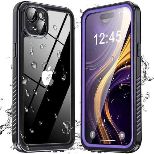 ANTSHARE Schutzhülle für iPhone 15 Plus, IP68 wasserdicht & Fallschutz, zweiteilige Hülle mit eingebautem Bildschirm/Kameraschutz, Ganzkörperversiegelt, Violett/Klar von ANTSHARE