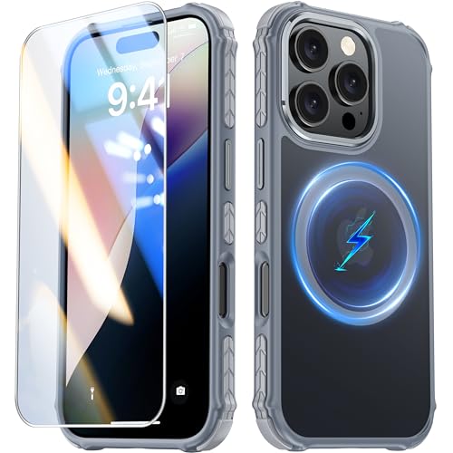 ANTSHARE für iPhone 16 Pro Hülle Magnetische,Handyhülle iPhone 16 Pro [1 * 9H Panzerfolie],Kompatibel mit MagSafe, Durchscheinende Matt Handyhülle Rückseite Dünn Stoßfest Schutzhülle (grau) von ANTSHARE