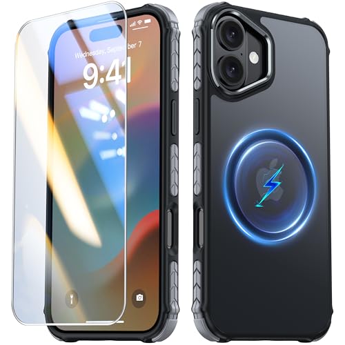 ANTSHARE für iPhone 16 Plus Hülle Magnetische,Handyhülle iPhone 16 Plus [1 * 9H Panzerfolie],Kompatibel mit MagSafe, Durchscheinende Matt Handyhülle Rückseite Dünn Stoßfest Schutzhülle(Schwarz) von ANTSHARE