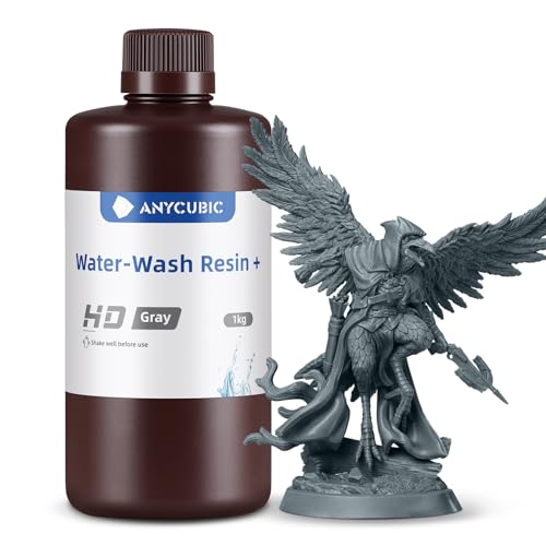 Wasser Abwaschbar Resin Plus, ANYCUBIC 3D Drucker Resin Water Washable, UV Resin 405nm Standard Photopolymer Harz Geringer Geruch für4/6/8K Geeignet LCD 3D Drucker, HD Grau 1000g von ANYCUBIC