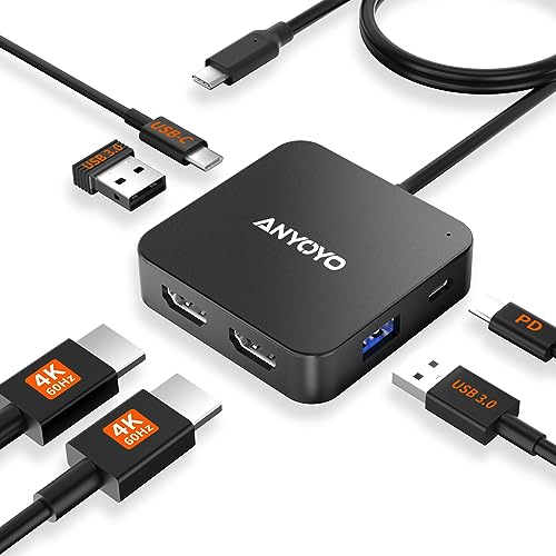 USB C auf Dual 4K 60Hz HDMI Adapter, USB C Hub Dual 4K HDMI, USB C Daten, 100W PD, USB 3.0, Docking Station 2 Monitore für MacBook Air/Pro/Dell/HP/Surface/Lenovo von ANYOYO