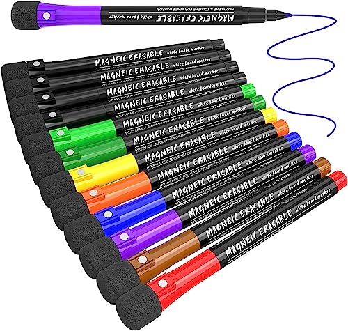 12 Whiteboard Stifte White board Marker - Magnetisch Whiteboard Stifte mit Schwamm,Folienstift Abwischbar Tafelstifte Non Permanent Stift Dünn Dry Erase Marker für Magnettafel Flipchart Lehrer Zubehör von ANYUKE