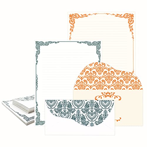 ANZON MORIES Vintage Elfenbein Schreibpapier 64 Doppelseitig Ausgekleidetes Blatt und 32 Umschlag Set, Spitzenmuster 2 Farbe Marine Orange Gold Rand Briefpapier Brief Schreibpapier 8,5 x 11 Zoll von ANZON MORIES