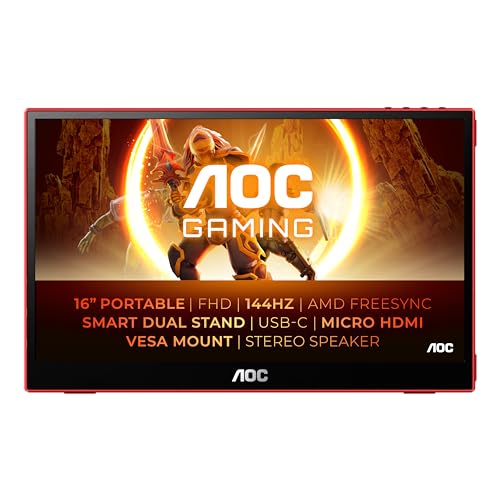 AOC 16G3 - tragbarer 16 Zoll Full HD Gaming Monitor, FreeSync (1920x1080, 144 Hz, MicroHDMI 1.4, USB-C) schwarz-rot von AOC