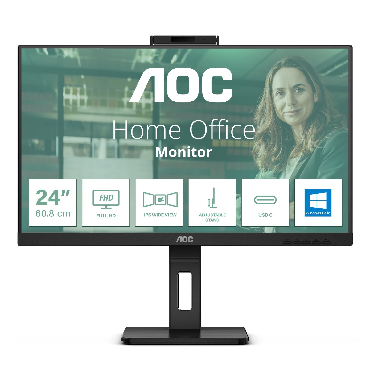 AOC 24P3CW 24 Zoll Full HD Monitor, 5 MP Webcam, höhenverstellbar, Lautsprecher (1920x1080, 75 Hz, HDMI, DisplayPort (in/out), USB-C von AOC