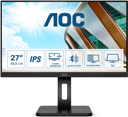 AOC 27P2Q - LED-Monitor - 68.6 cm (27) - 1920 x 1080 Full HD (1080p) - IPS - 250 cd/m² - 1000:1 - 4 ms - HDMI, DVI, DisplayPort, VGA - Lautsprecher - Schwarz von AOC