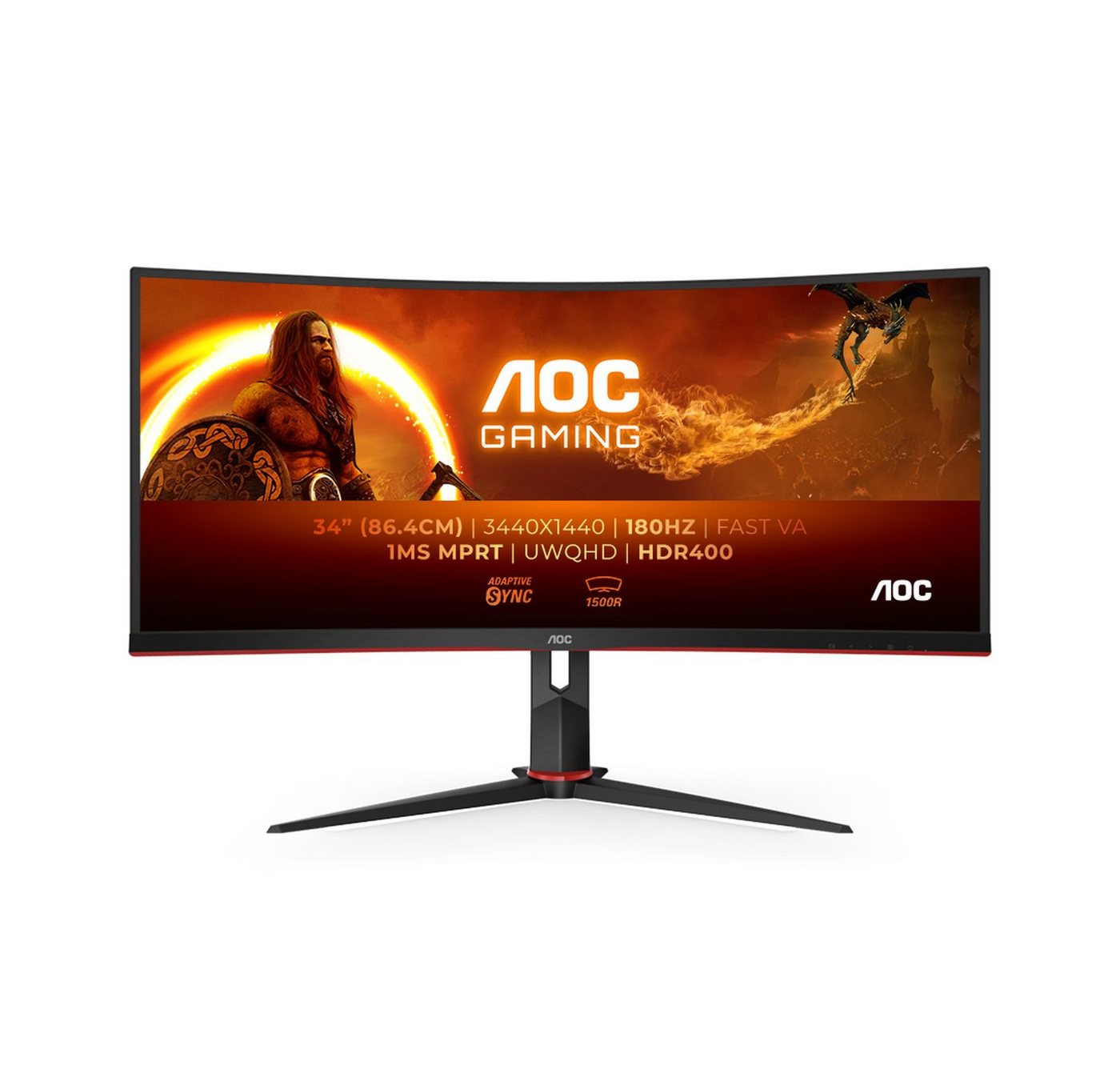 AOC 86,4cm (34) CU34G2XP/BK 21:09 2xHDMI+2xDP+USB Curved retail TFT-Monitor (3440 x 1440 px, UltraWide Quad HD, 5 ms Reaktionszeit, 180 Hz, VA, Curved, Lautsprecher, HDCP, HDR, Kopfhörerbuchse, Höhenverstellbar) von AOC