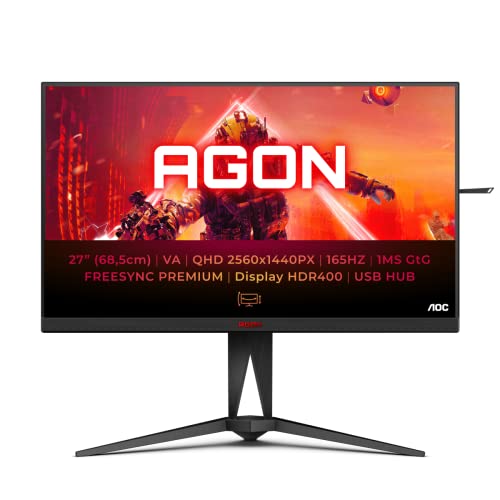 AOC AGON AG275QXN - 27 Zoll QHD Gaming Monitor, 165 Hz, 1 ms, HDR400, FreeSync Premium (2560x1440, HDMI, DisplayPort, USB Hub) schwarz/rot von AOC