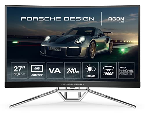 AOC AGON Porsche Design PD27 - 27 Zoll QHD Curved Gaming Monitor, 240Hz, 0.5ms, VA, HDR 400, Freesync Premium, Speakers (2560x1440 @ 240Hz, 550cd/m², HDMI 2.0x2, DisplayPort 1.4x2, USB 3.2), schwarz von AOC