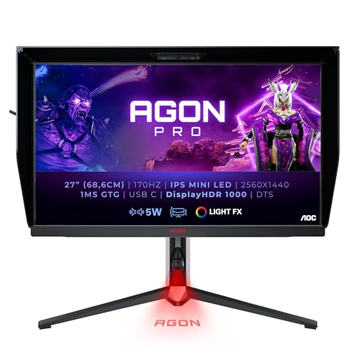 AOC Agon Pro AG274QXM - 27 Zoll QHD Gaming Monitor, 170 Hz, 1 ms, FreeSync Premium Pro, HDR1000 (2560x1440, HDMI, DisplayPort, USB-C, USB Hub) schwarz/rot von AOC