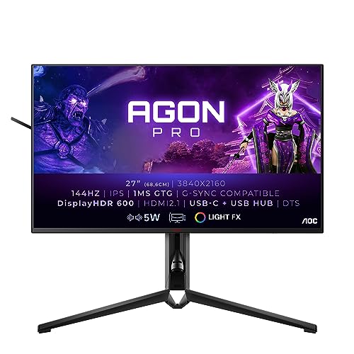 AOC Agon Pro AG274UXP - 27 Zoll UHD Gaming Monitor, 144 Hz, 1 ms, FreeSync, G-Sync Compatible, HDR600 (3840x2160, HDMI 2.1, DisplayPort, USB-C, USB Hub) schwarz von AOC