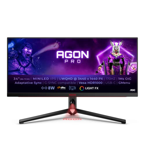 AOC Agon Pro AG344UXM - 34 Zoll WQHD Gaming Monitor, 170 Hz, 1 ms, G-Sync Compatible, FreeSync Premium, HDR1000 (3440x1440, HDMI 2.1, DisplayPort, USB-C, USB Hub) schwarz von AOC